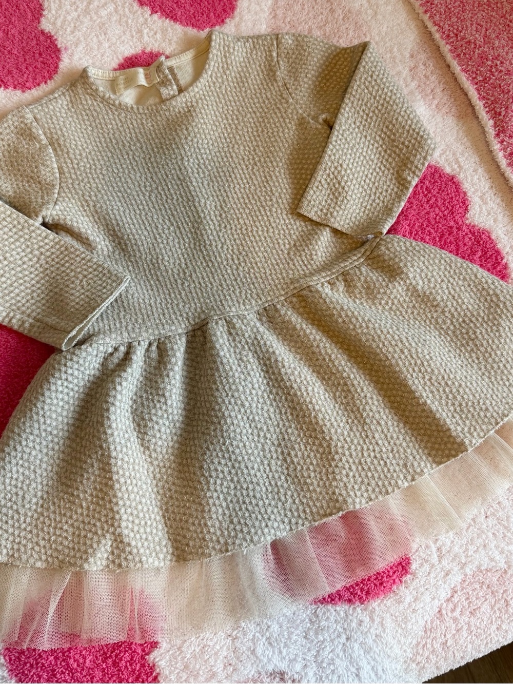 Zara Cream Textured Long-Sleeve Dress with Tulle Hem 18-24m